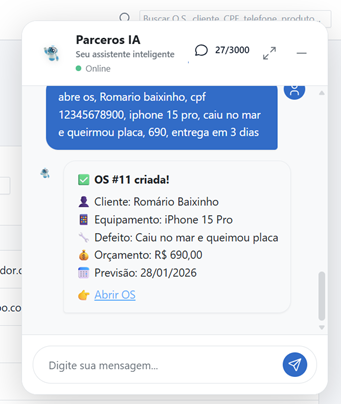 Chat do Parceros IA criando uma O.S. pelo comando de voz